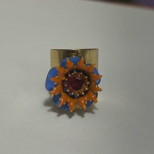 TOVA Gold Ring with Blue Orange and Red Floral Design Adjustable